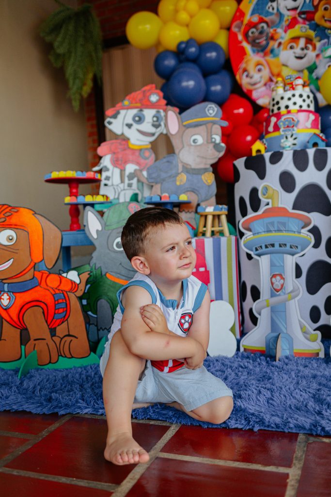Leo aproveitando sua festa infantil em casa, com o tema patrulha canina em Curitiba