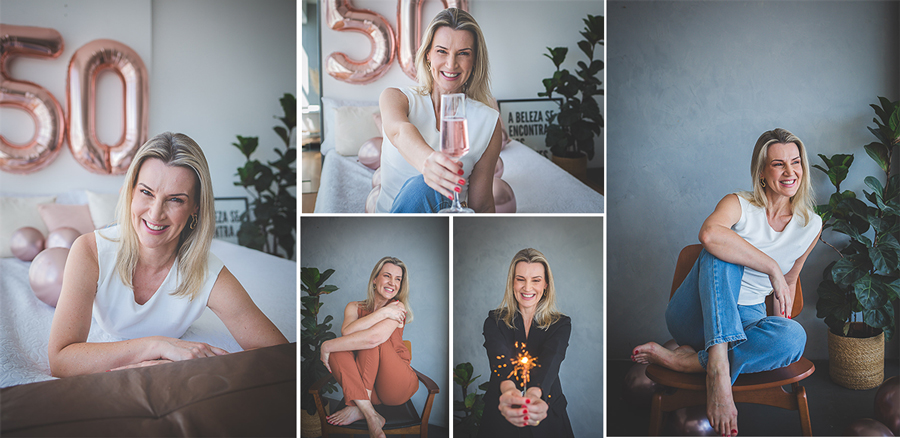 ensaio de aniversário - ensaio feminino em estúdio em Curitiba - Rubia Rocha Fotógrafa - mulher celebrando aniversário de 50 anos em Curitiba